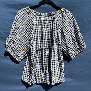 Old Navy medium babydoll blouse black white gingham yellow flowers puff sleeves